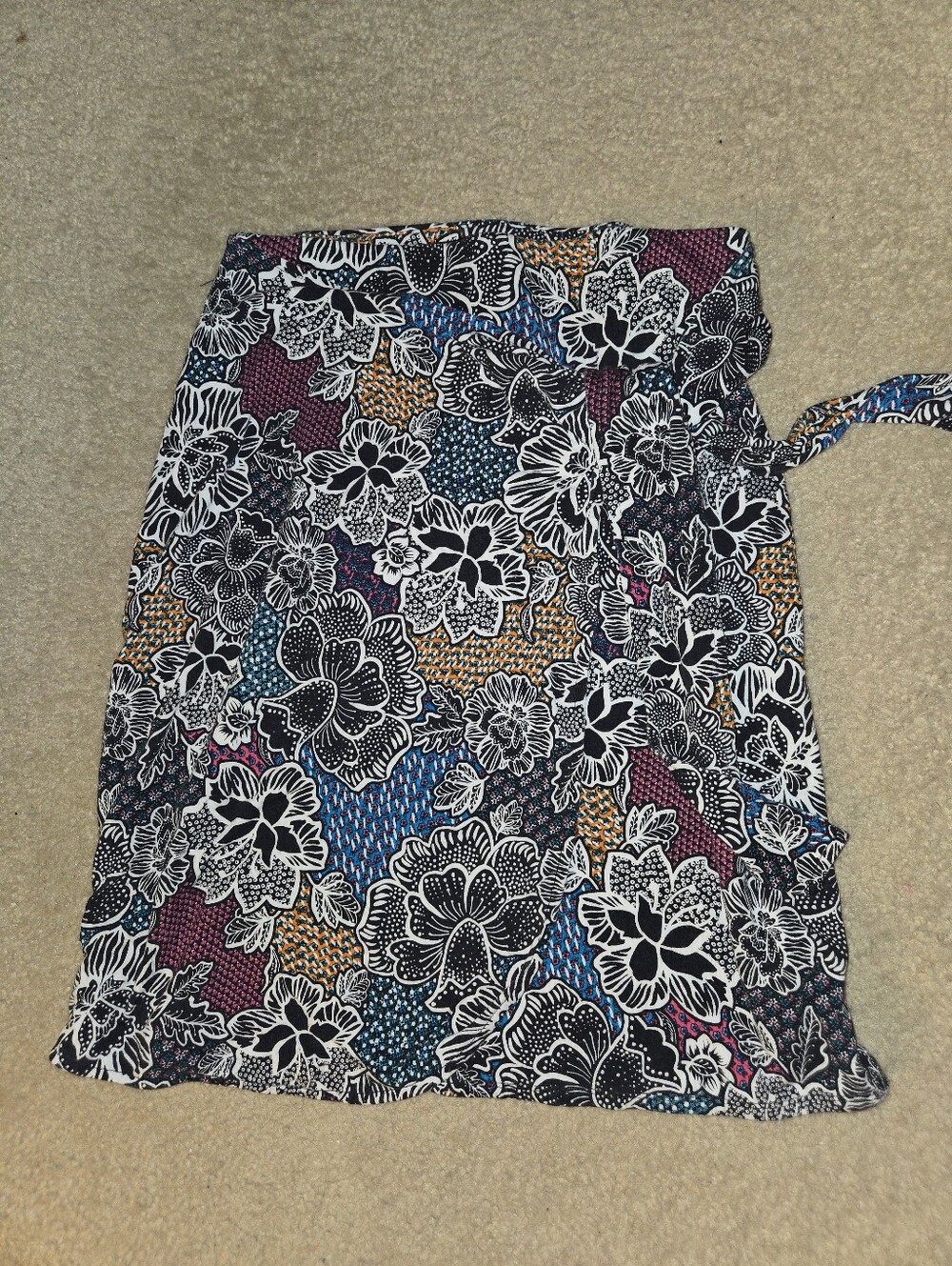 Floral Print Wrap Skirt in Black, White, Blue, Purple & Gold